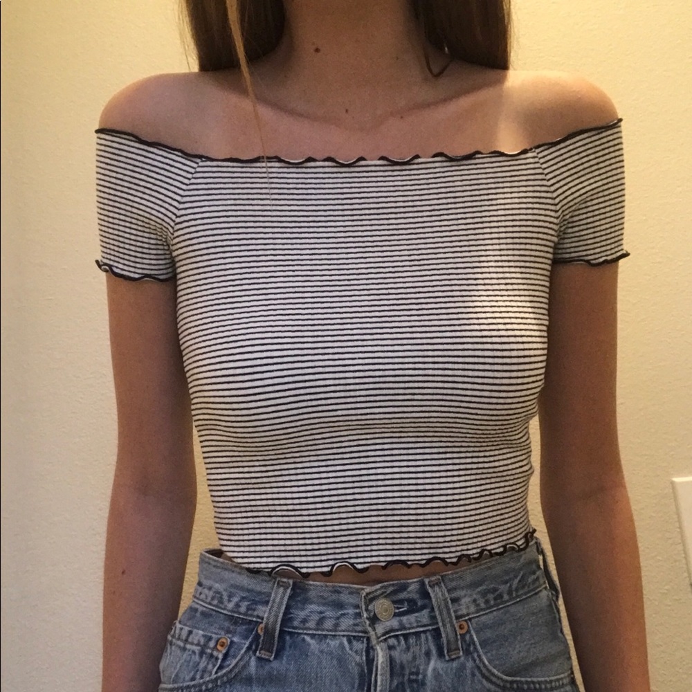 Zara Off The Shoulder Ribbed/ Striped Crop Top